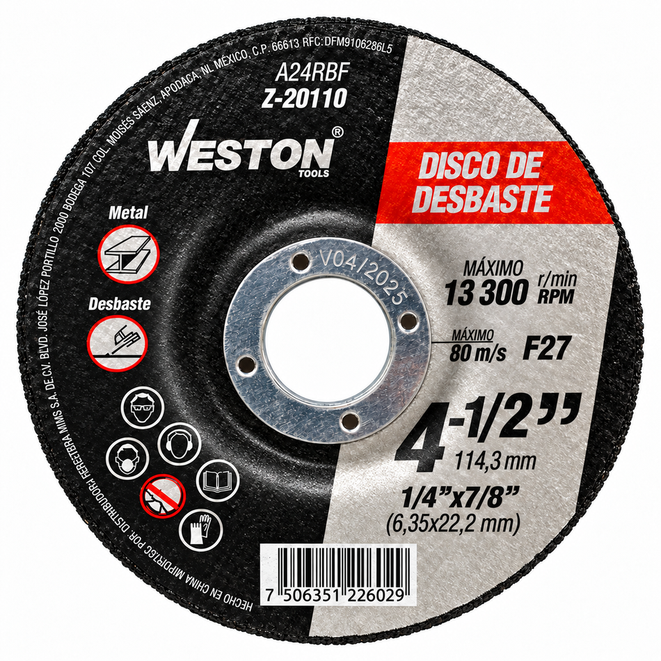 Disco de desbaste para metal 4-1/2" alto rendimiento Weston Z-20110