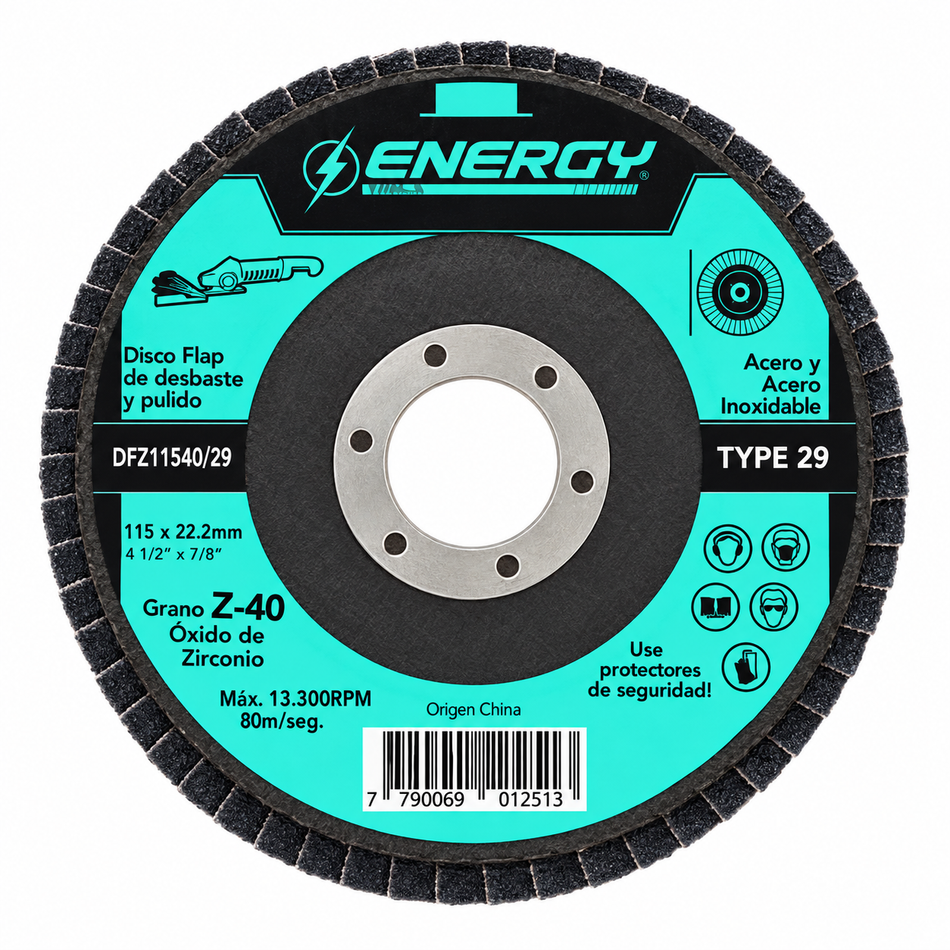 Disco Laminado Lija Flap Grano 40 4-1/2" Zirconio Energy DFZ11540/29