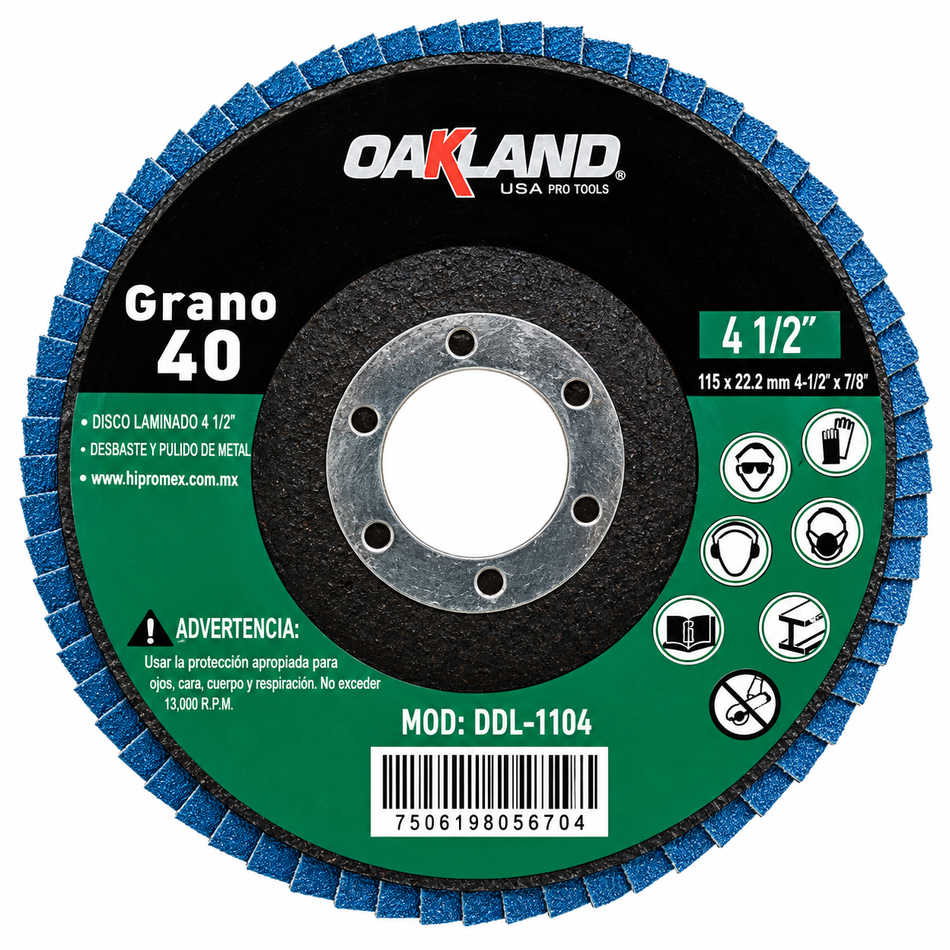 Disco Laminado Lija Flap Grano 40 4-1/2" Zirconio Oakland DDL-1104