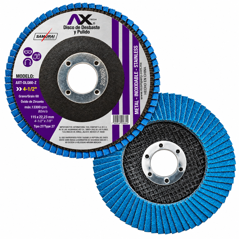 Disco Laminado Lija Flap Grano 60 4-1/2" Zirconio Axtech AXT-DLG60Z
