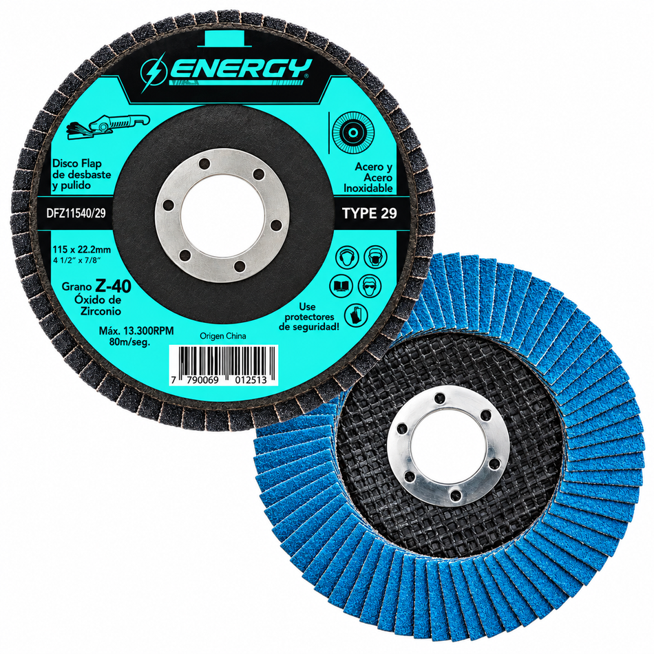 Disco Laminado Lija Flap Grano 40 4-1/2" Zirconio Energy DFZ11540/29