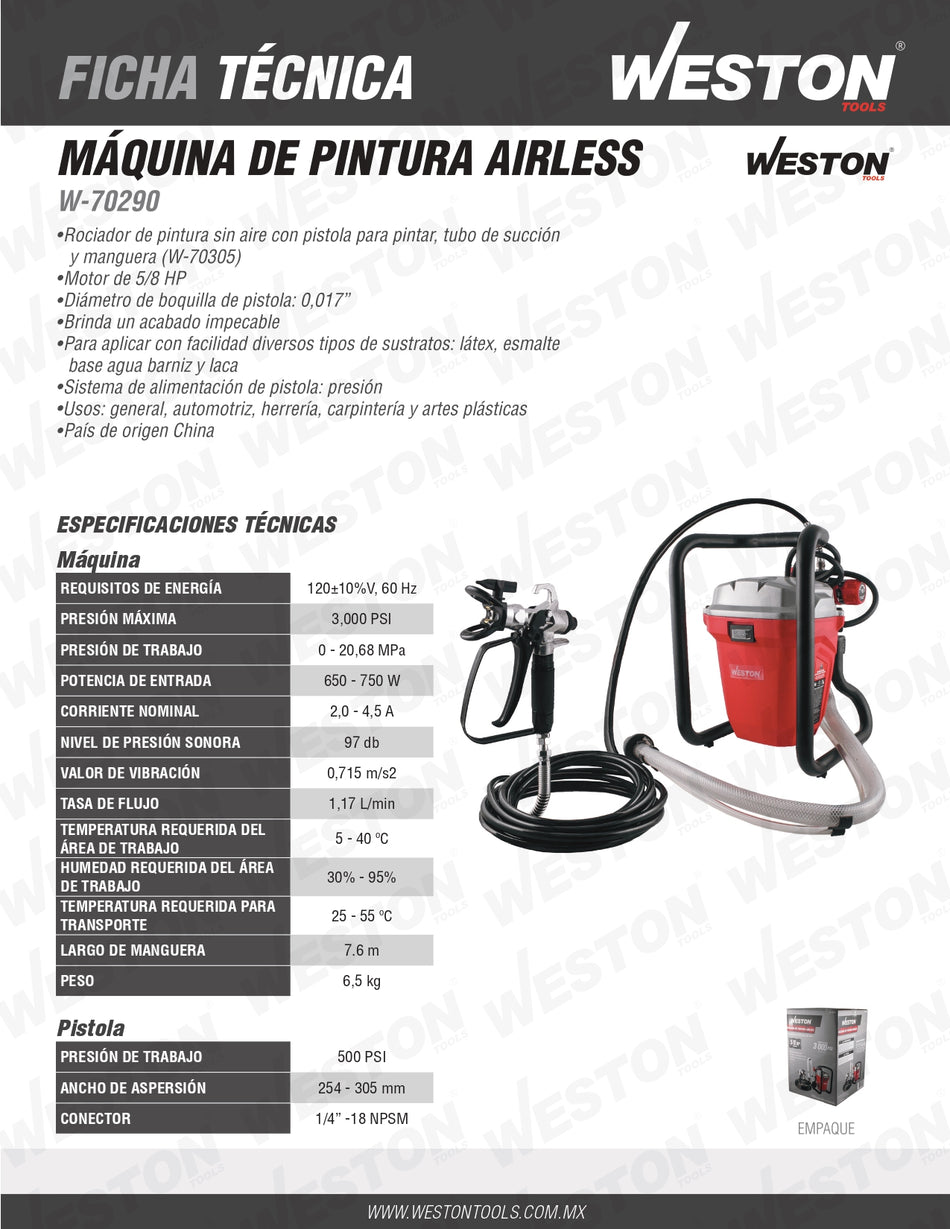 MAQUINA DE PINTURA AIRLESS ESPRAYADORA 750W MAX PSI 3000 110V C/MANGUERA DE 7.6M W-70290