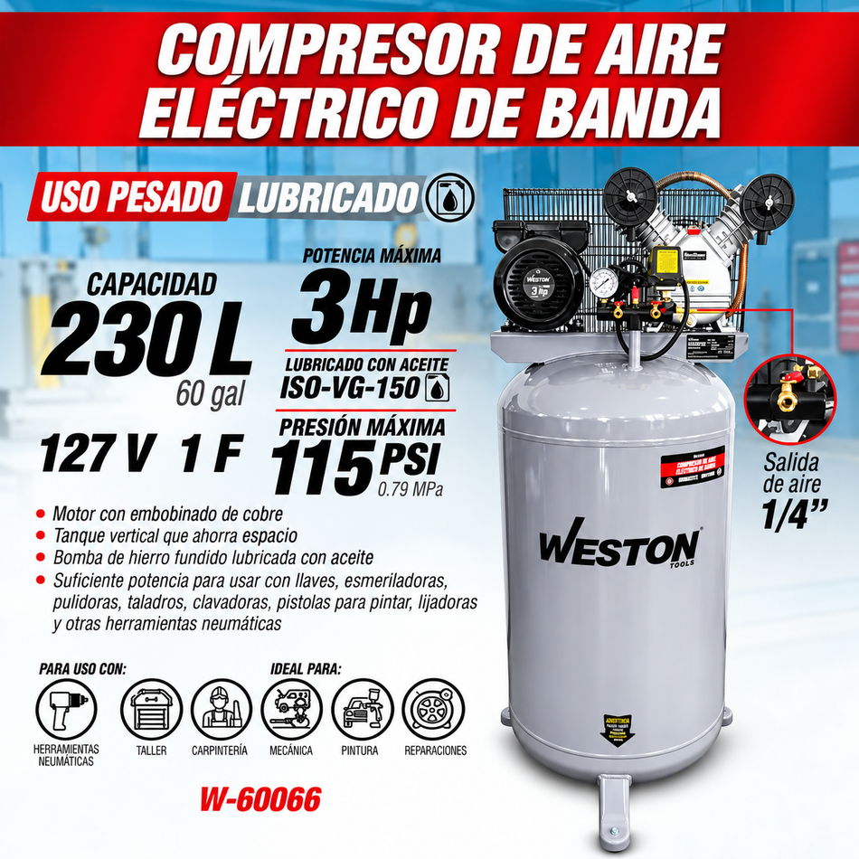 Compresor De Aire 230 Litros 3Hp 110V 2,237W Vertical Weston W-60066