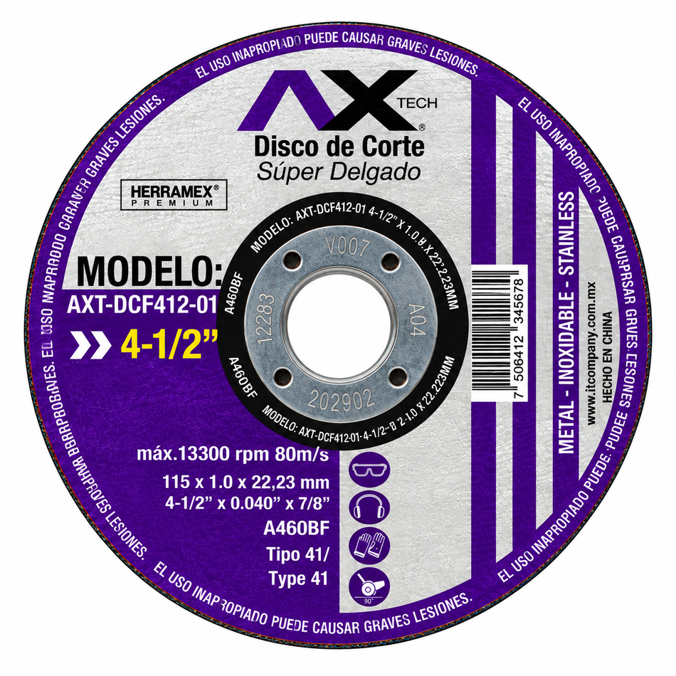 Axtech AXT-DCF412 Disco De Corte Para Metal Y Acero Inoxidable 4-1/2" 50PZ
