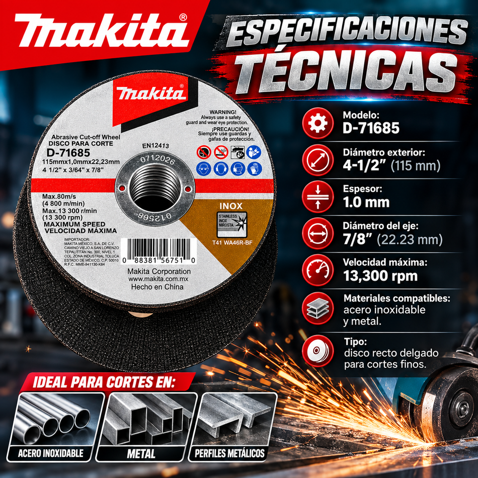 Disco De Corte Makita Para Inoxidable Y Metal 4-1/2" Makita D-71685