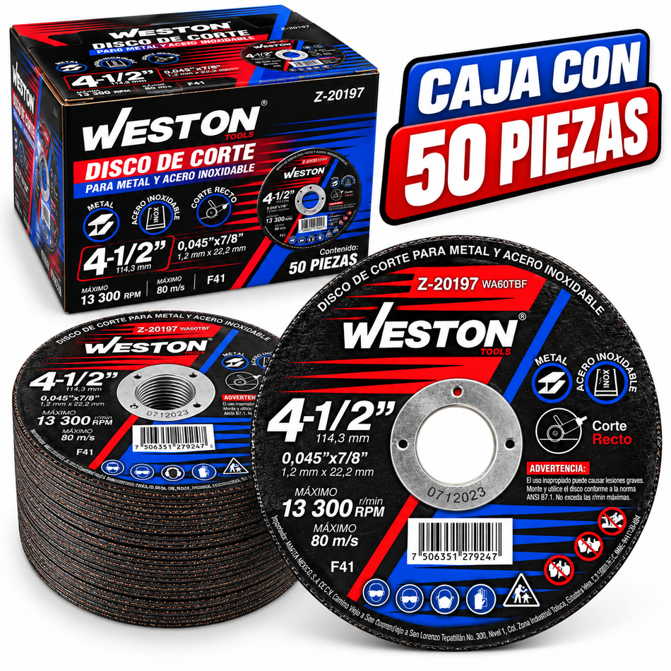 Disco De Corte Para Metal Y Acero Inoxidable 4-1/2" Caja 50PZ Weston