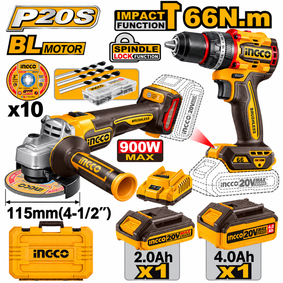 Ingco Kit UCKLI20273 Rotomartillo Inalámbrico 1/2"+ Esmeriladora Inalámbrica 4-1/2" 20V Brushless