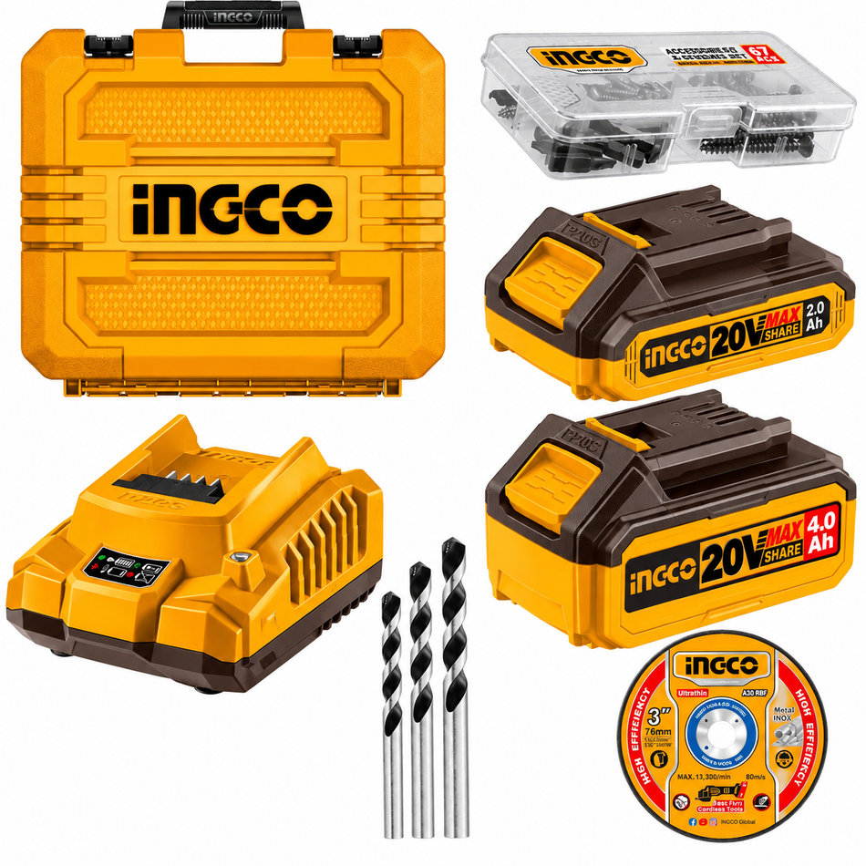 Ingco Kit UCKLI20273 Rotomartillo Inalámbrico 1/2"+ Esmeriladora Inalámbrica 4-1/2" 20V Brushless