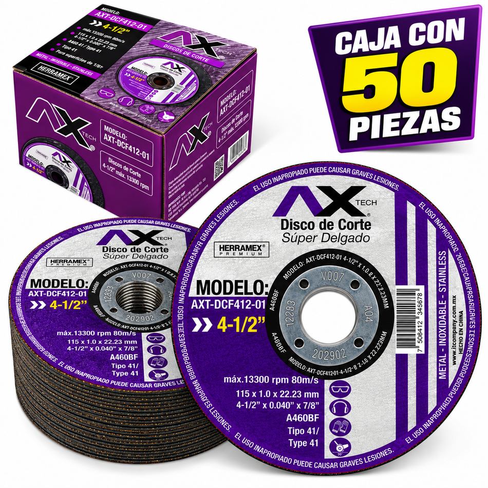 Axtech AXT-DCF412 Disco De Corte Para Metal Y Acero Inoxidable 4-1/2" 50PZ