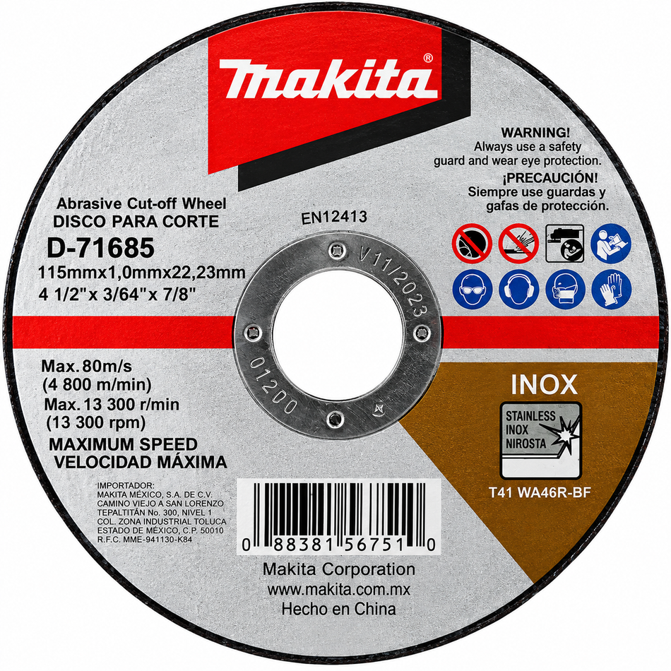 Disco De Corte Makita Para Inoxidable Y Metal 4-1/2" Makita D-71685