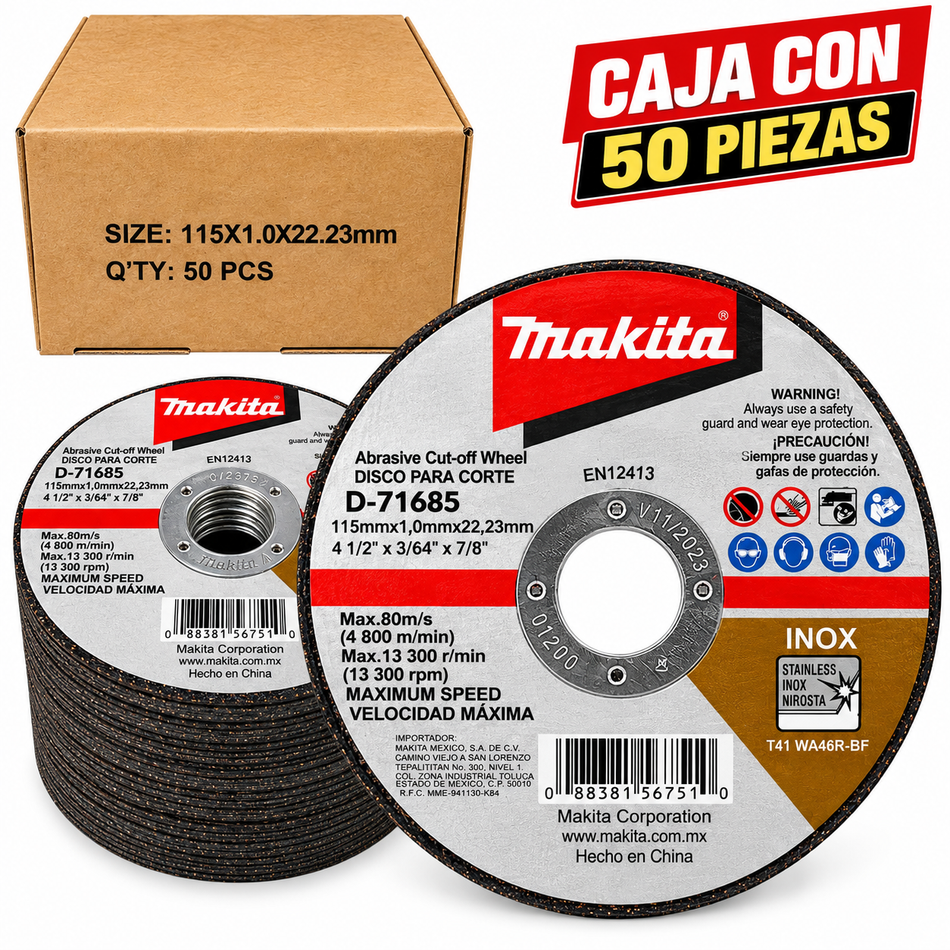 Disco De Corte Makita Para Inoxidable Y Metal 4-1/2" 50Pz Makita D-71685