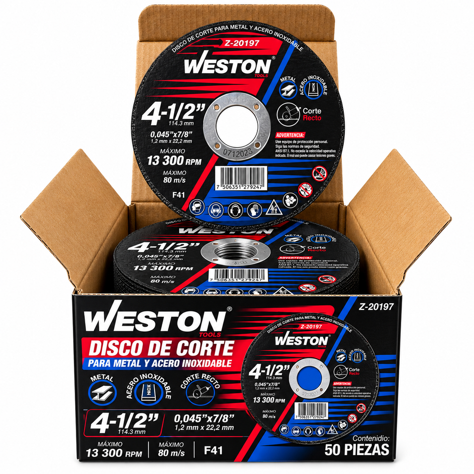 Disco De Corte Para Metal Y Acero Inoxidable 4-1/2" Caja 50PZ Weston