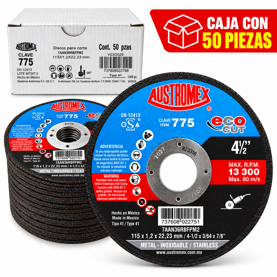 Austromex 775 Disco De Corte Para Metal Y Acero Inoxidable 4-1/2" Caja 50PZ