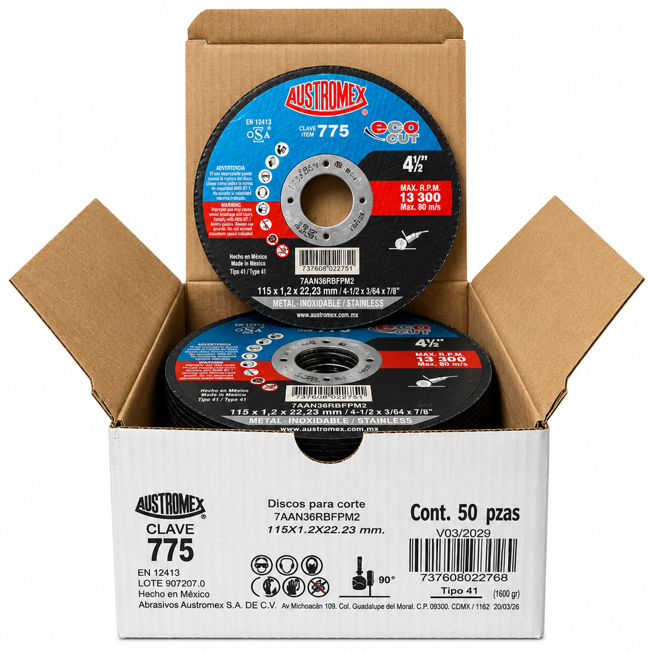 Austromex 775 Disco De Corte Para Metal Y Acero Inoxidable 4-1/2" Caja 50PZ