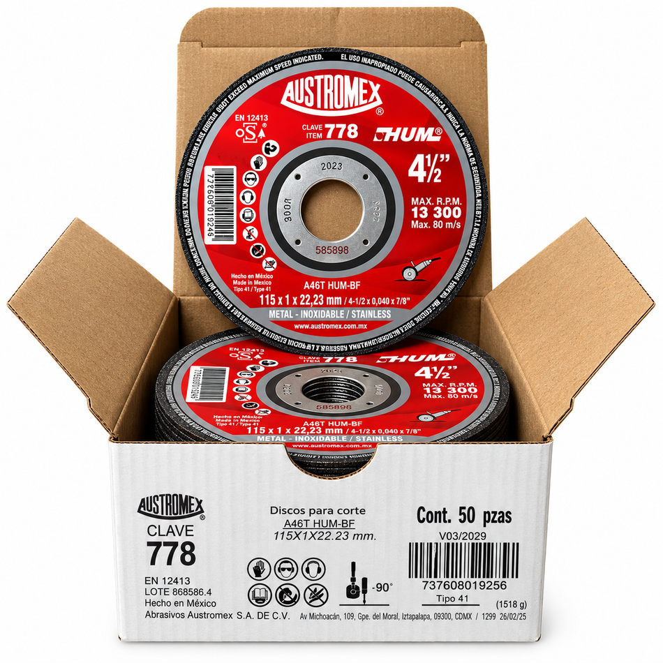 Austromex 778 Disco De Corte Para Metal Y Acero Inoxidable 4-1/2" Caja 50PZ
