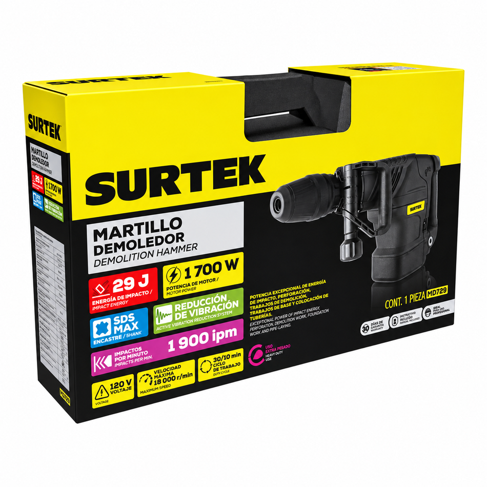 Martillo demoledor SDS Max 1700W 29J Surtek MD729 Anti-Vibración