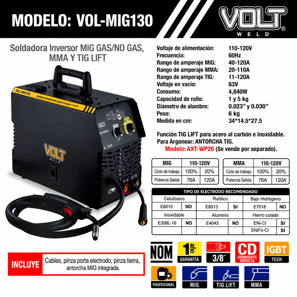 VOL-MIG130 Soldadora De Microalambre Inversora Volt 120A 110V