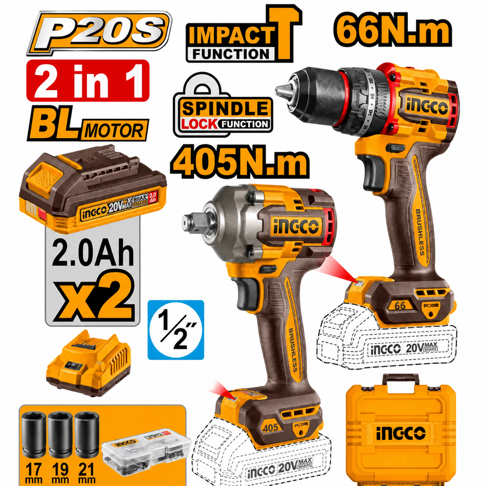 Ingco Kit UCKLI20286 Rotomartillo Inalámbrico + Llave de impacto 20V Brushless