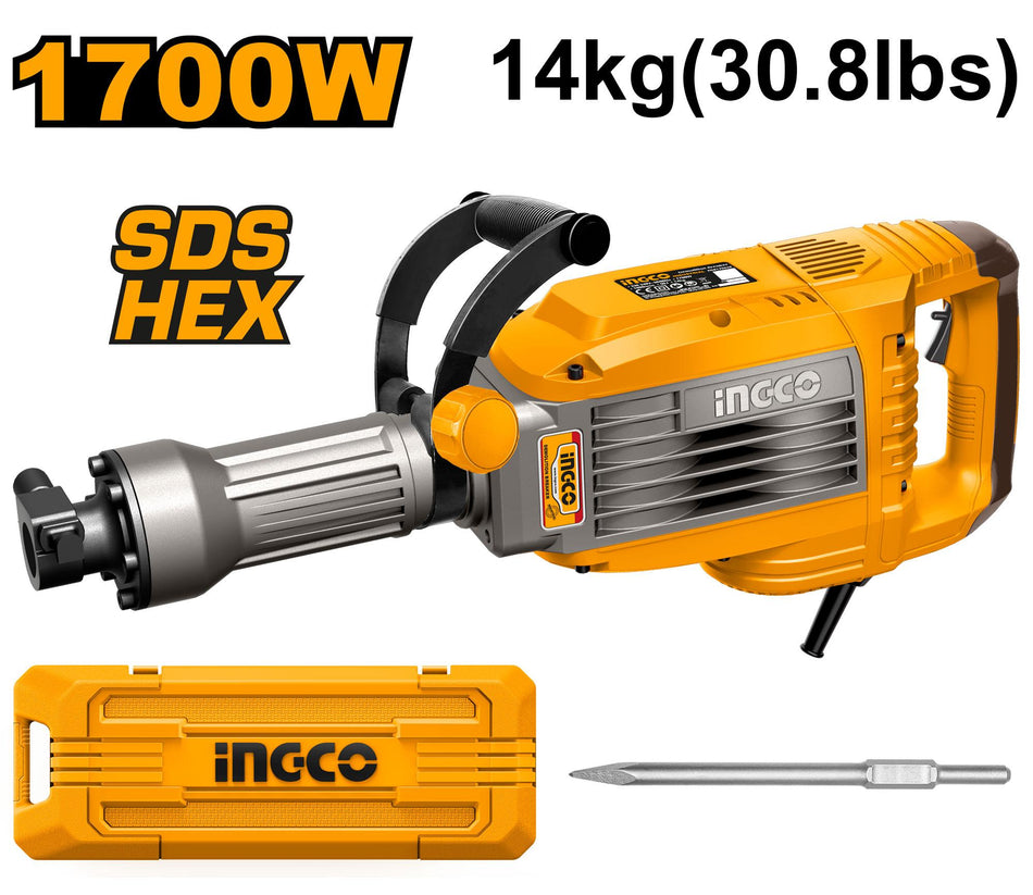 Martillo Demoledor Rompedor Hex 1,700w 50j 14kg 1900Bpm Ingco UPDB170068