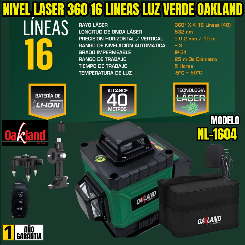 Nivel Laser 360 16 Lineas Luz Verde Autonivelante Recargable 40Mt Oakland NL-1604