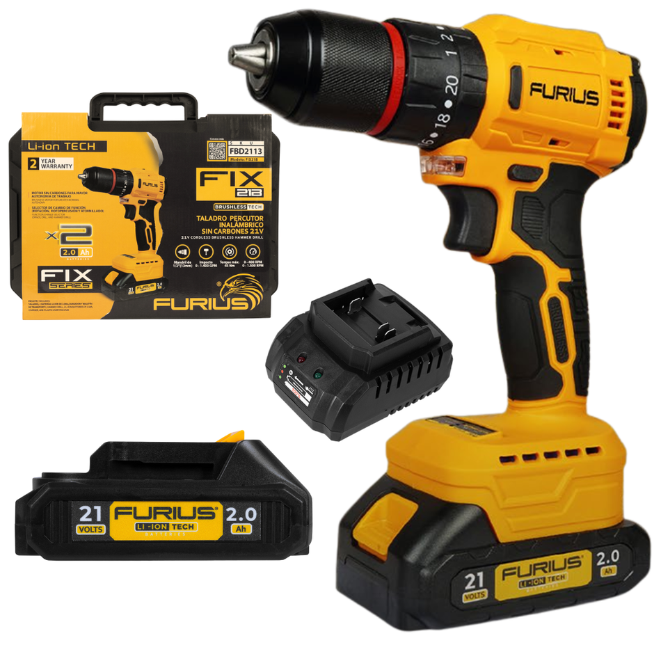 Taladro Rotomartillo Inalambrico Furius 1/2" 21V 45Nm Brushless FBD2150K
