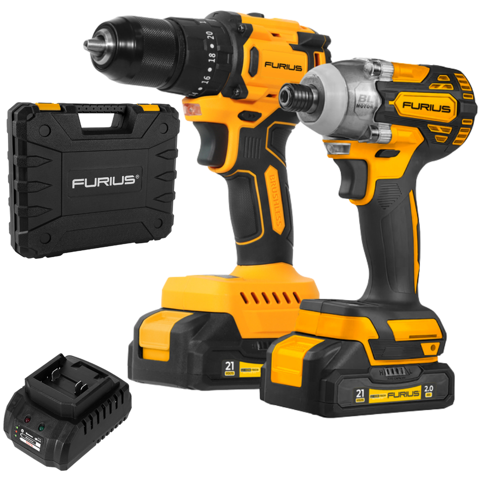 Kit Taladro Rotomartillo Inalambrico Brushless 1/2"+ Atornillador De Impacto 1/4" Furius 21v FB214KIT