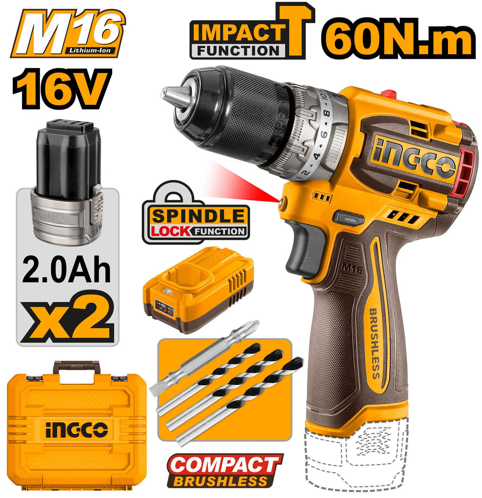 Taladro Rotomartillo Inalambrico 1/2" 20v Brushless 60Nm Ingco UCIDLI16682