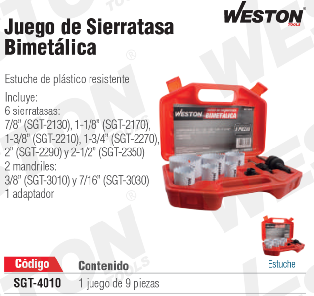JUEGO DE BROCASIERRAS BIMETALICAS 9 PIEZAS CON ESTUCHE PLASTICO SGT-4010