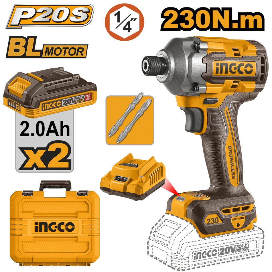 Atornillador De Impacto Inalambrico 1/4" 230Nm Hex 20V Brushless Ingco UCIRLI2028