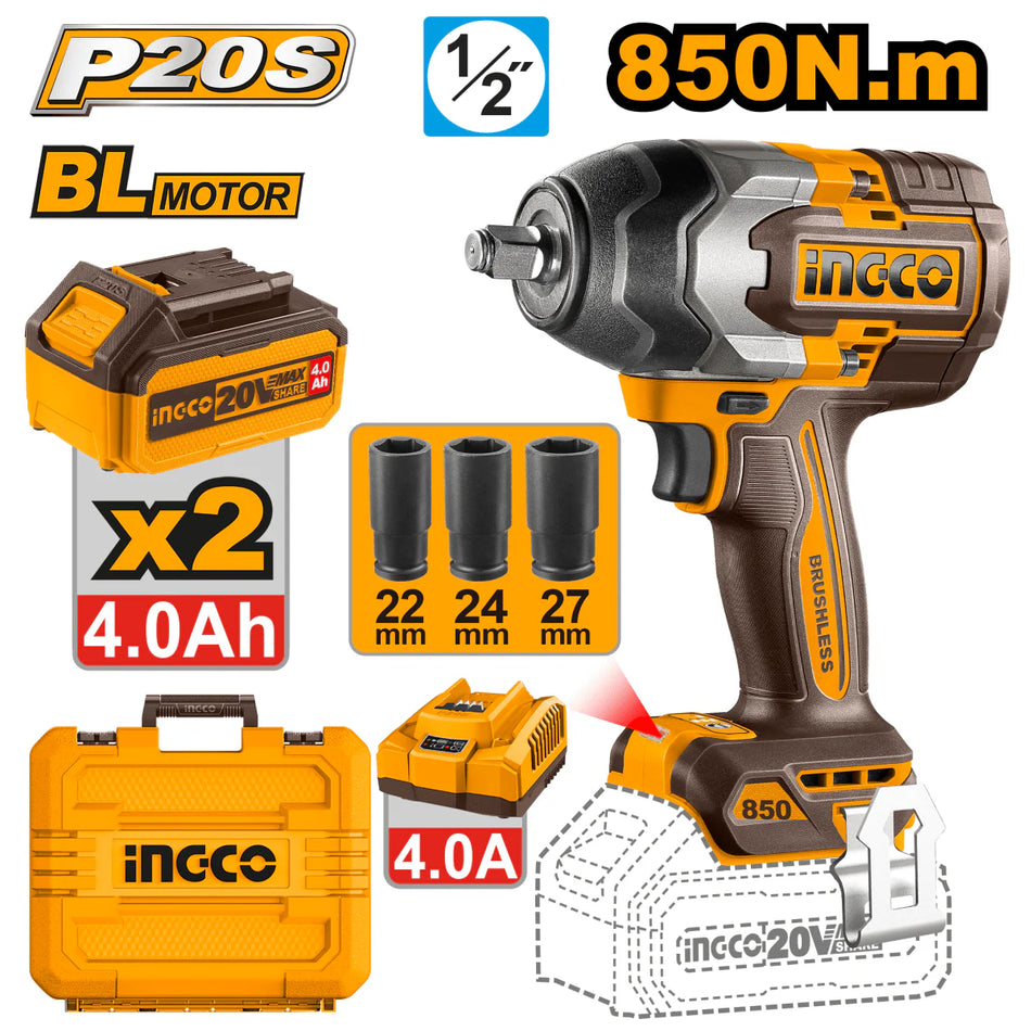 Llave De Impacto Inalambrica 1/2" Ingco UCIWLI2085 850Nm 20V Brushless