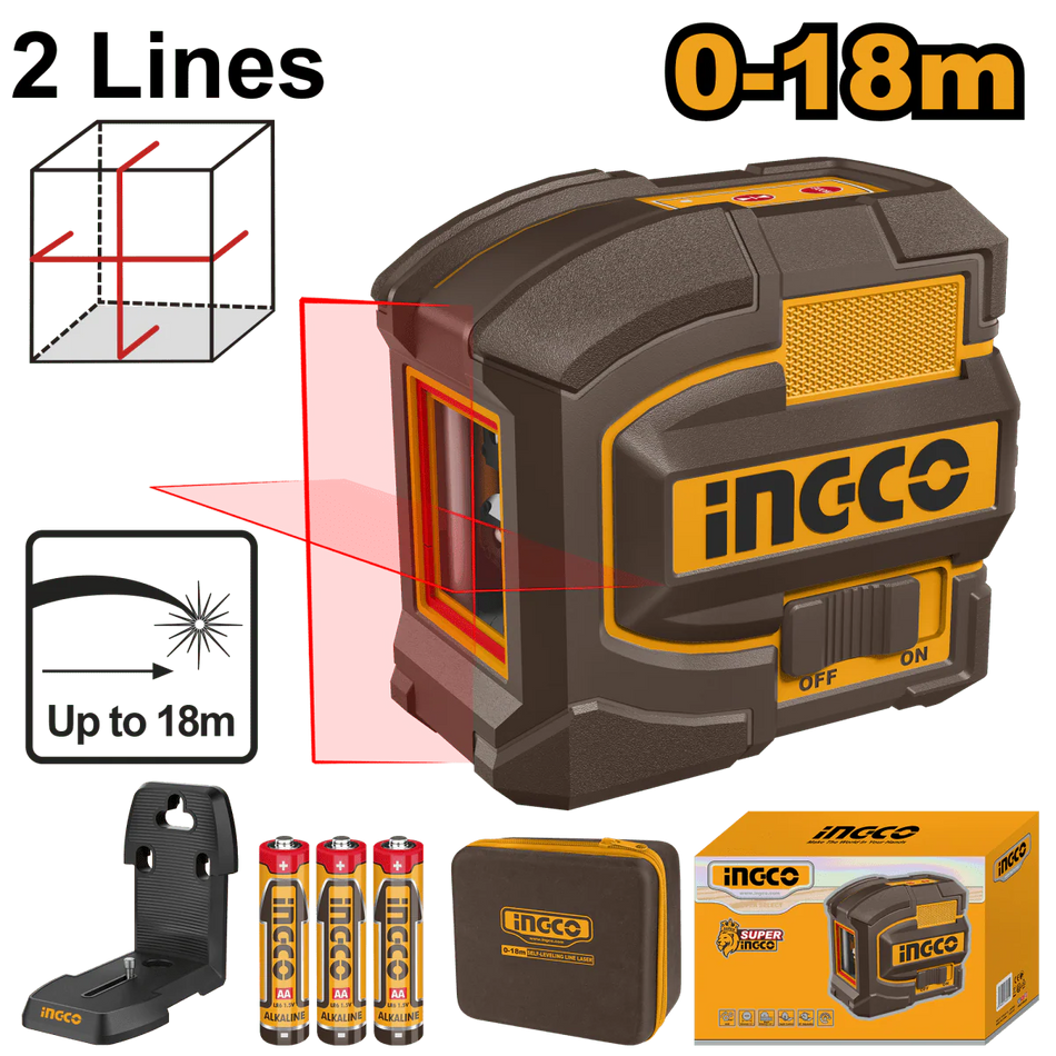 Nivel Laser 2 Lineas Luz Roja Autonivelante a Bateria 0-18Mt Ingco HLL156503
