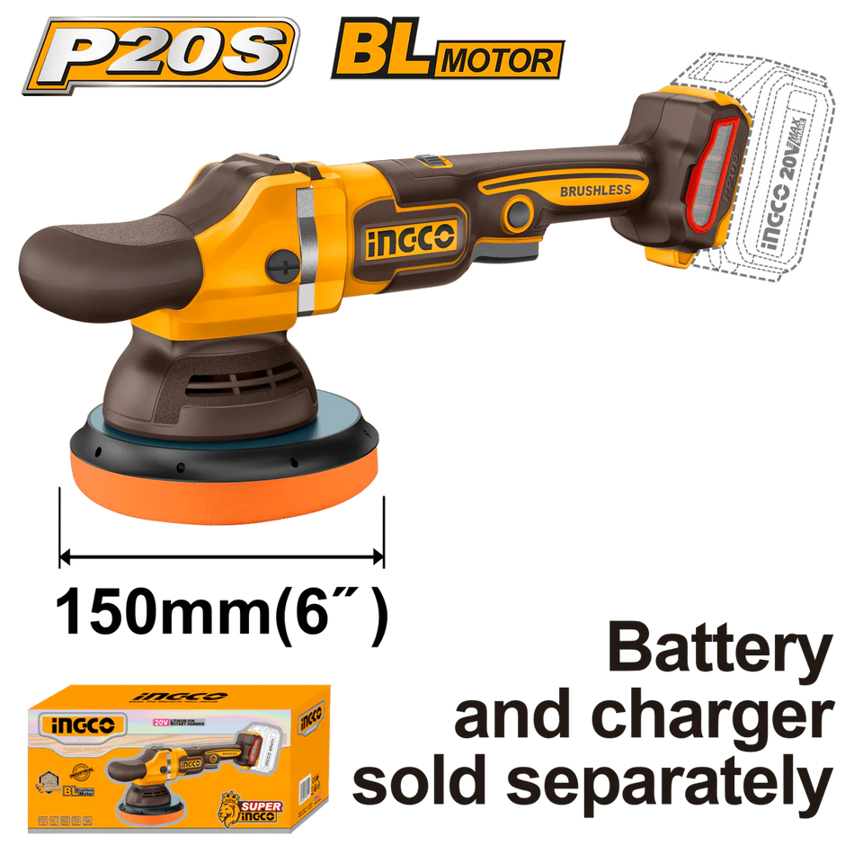 Pulidora Inalambrica Roto Orbital 6 Pulg V.v Brushless Sin Bateria Sin Cargador Ingco APLI2015