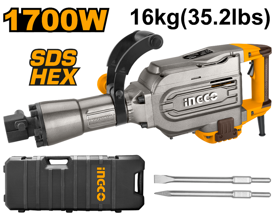 Martillo Demoledor Rompedor Hex 1,700w 45j 16kg 1400Bpm Ingco UPDB17008