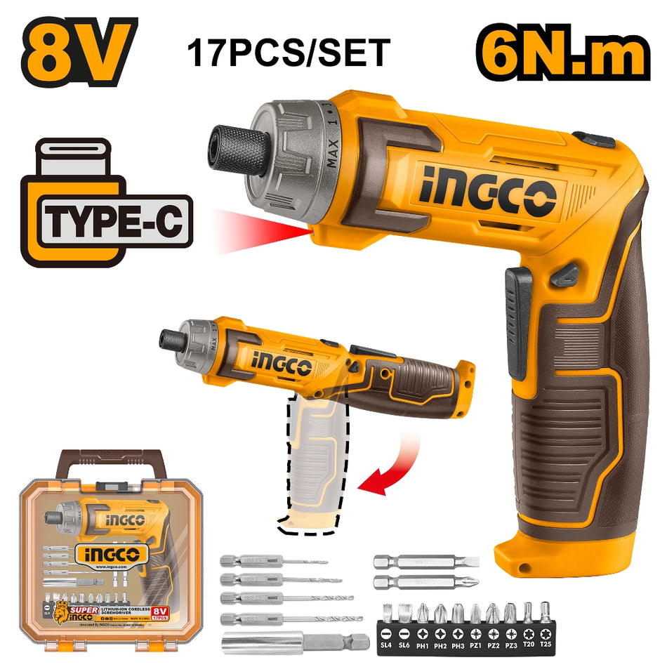 Atornillador Inalámbrico 1/4" 8V 17Acc Ingco CSDLI08025
