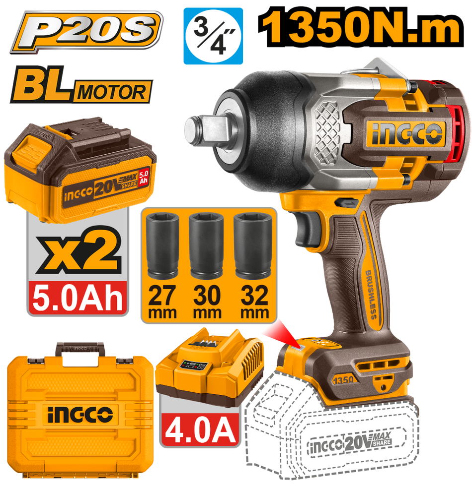 Llave De Impacto Inalambrica 3/4" Ingco UCIWLI20135 1350Nm 20V Brushless