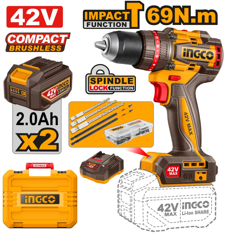 Taladro Rotomartillo Inalambrico Ingco 42V UCIDLI426982 1/2" 69Nm Brushless