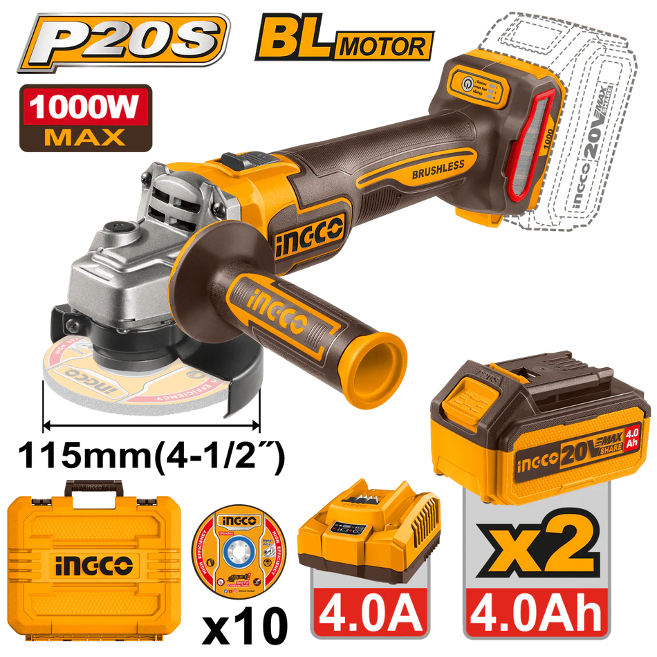 Esmeriladora Inalambrica 4-1/2" 20V Brushless 2 Baterias Ingco UCAGLI271532
