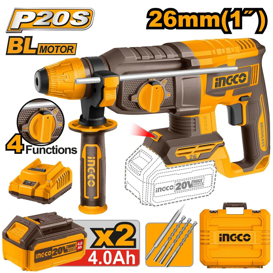 Rotomartillo Inalambrico Sds Plus 20v Brushless 2.5J Ingco UCRHLI202682
