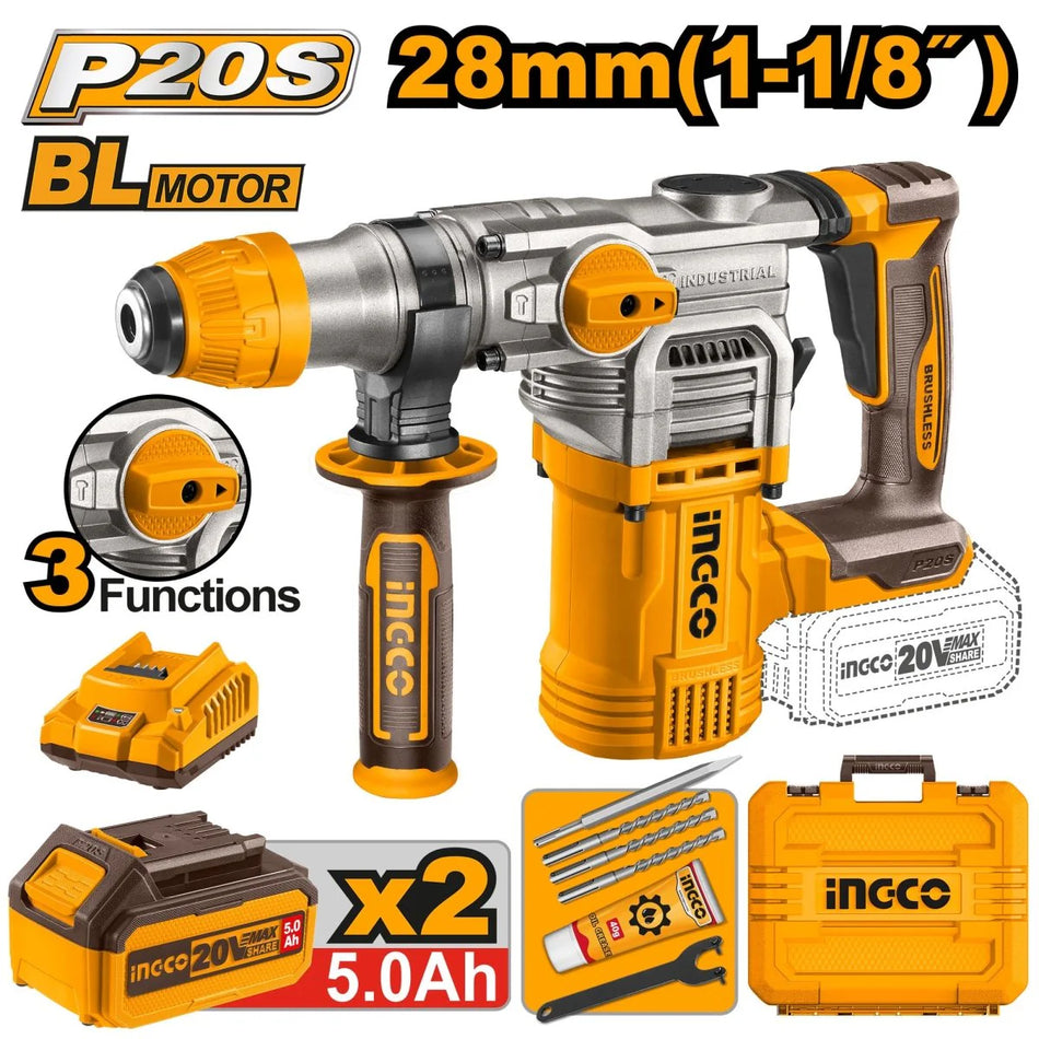 Rotomartillo Inalambrico Sds Plus 20v Brushless 4.5J Ingco UCRHLI202885