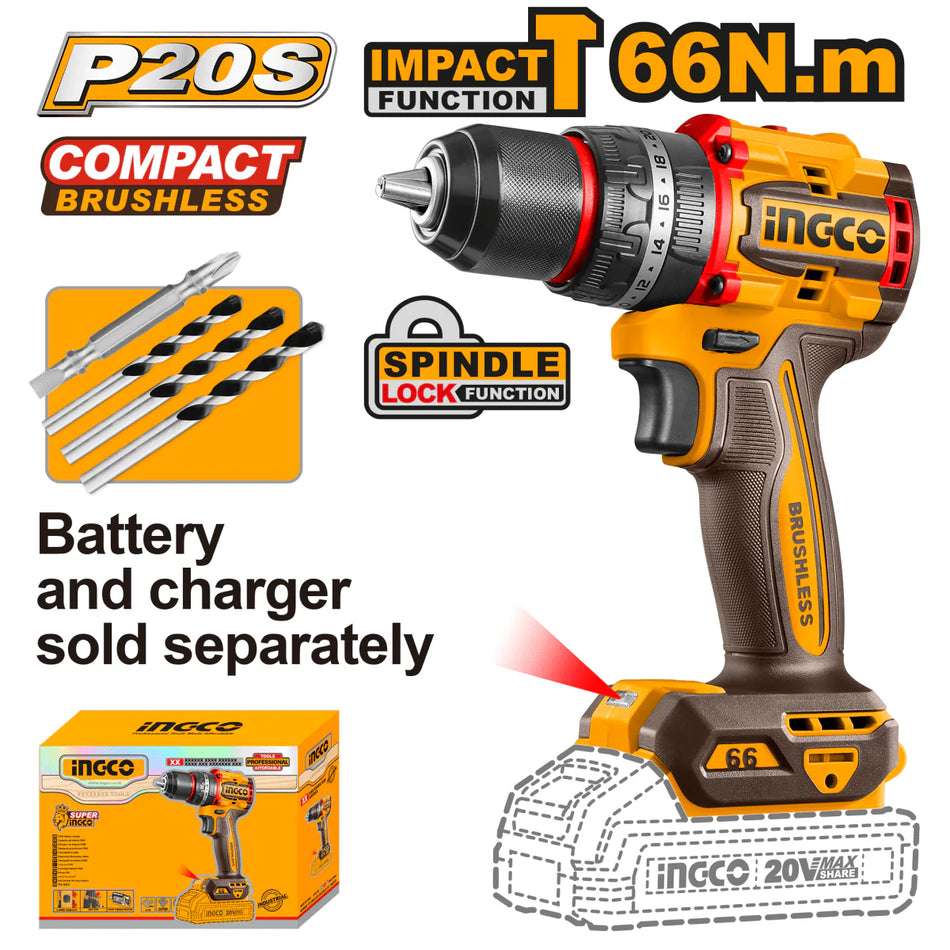 Taladro Rotomartillo Inalambrico 1/2" 20v Brushless 66Nm Sin Bateria Sin Cargador Ingco CIDLI206681