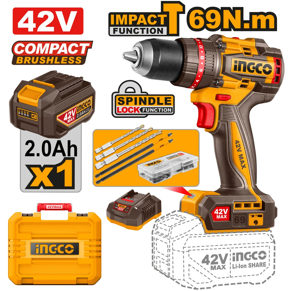 Taladro Rotomartillo Inalambrico Ingco 42V UCIDLI42981 1/2" 69Nm Brushless