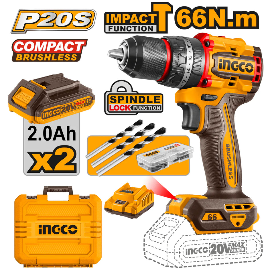 Taladro Rotomartillo Inalambrico 1/2" 20v Brushless 66Nm Ingco UCIDLI20668